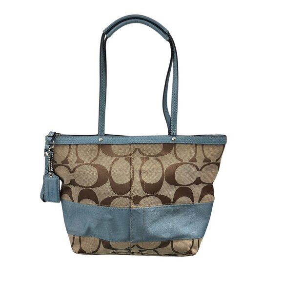 Coach Signature Stripe Purse Tote Shoulder Bag Khaki & Powder Blue F13548 - Picture 2 of 10